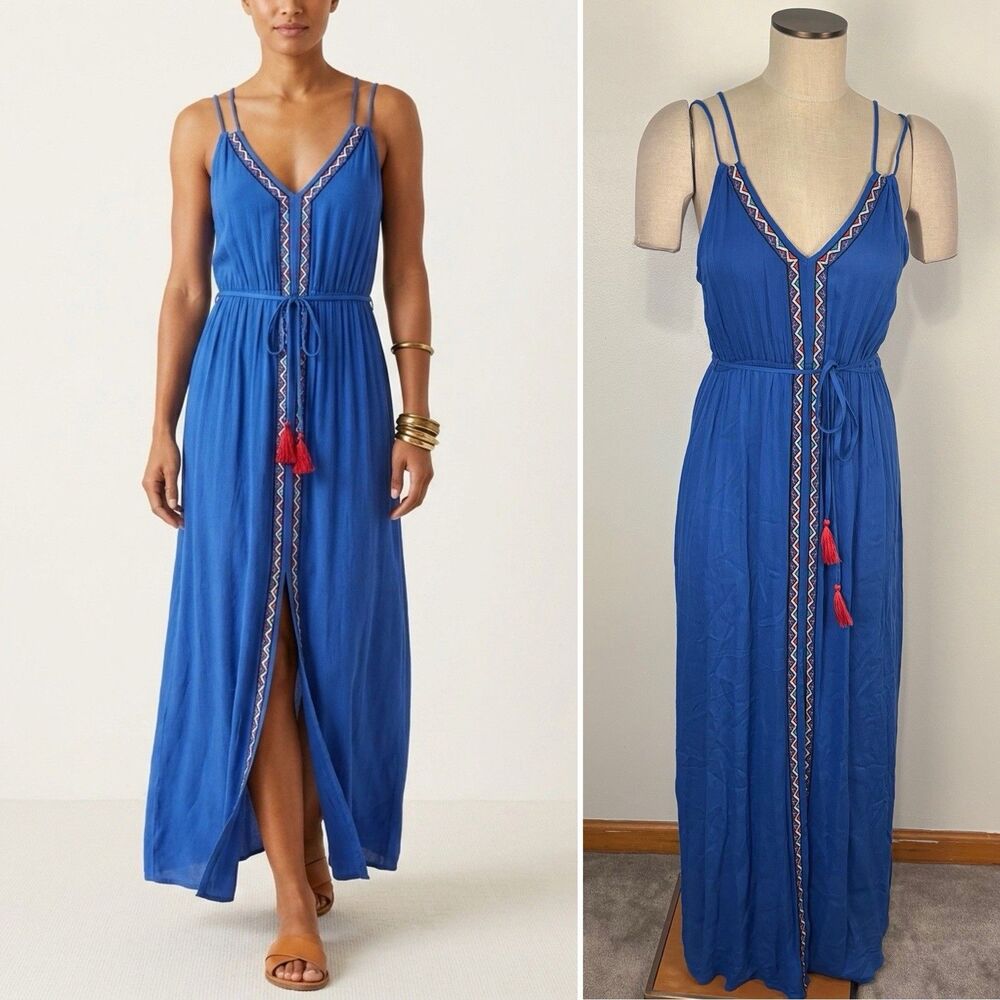 Let Them Eat Cake Maxi Dress M Medium Blue Embroidered Boho Tassel Slit NWT NEW
